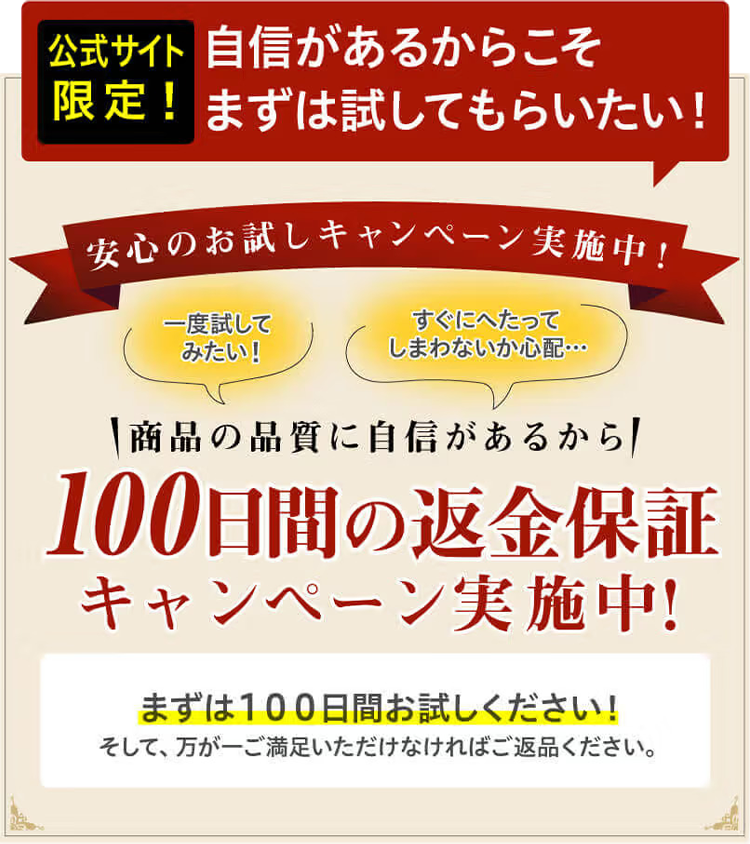安心のお試しキャンペーン実施中！100日間の返金保証キャンペーン実施中！まずは100日間お試しください！そして、万が一ご満足いただけなければご返品ください。